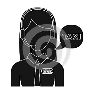 Girl in a white shirt with headphones.Call centre manager takes a taxi booking. Taxi station single icon in black style