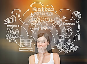 Girl in white top and business icons on chalkboard