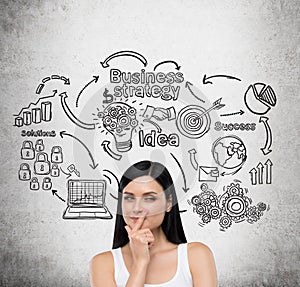 Girl in white top and business icons on concrete wall