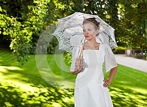 Girl white umbrella sunshade parasol tree