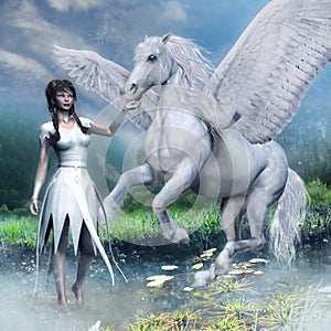 Girl and a white winged horse