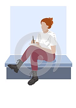 Girl whith red hear drowning in albom sittig on a bench. White t-shirt, red pants. Illustration on color background