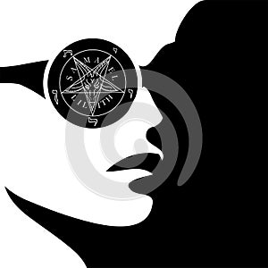 Girl with wiccan symbol- sigil of baphomet photo