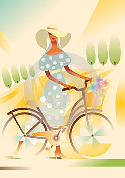 Girl in wide-brimmed hat and blue dress with a bicycle on the road in the field. Rural landscape.