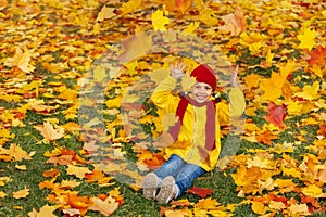 A girl with a wide smile is sitting on a carpet of red and yellow leaves in an autumn park.