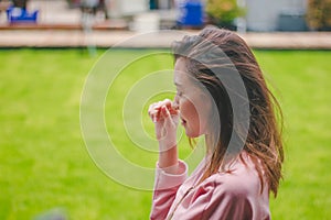 The girl with the wind blowing her hair.