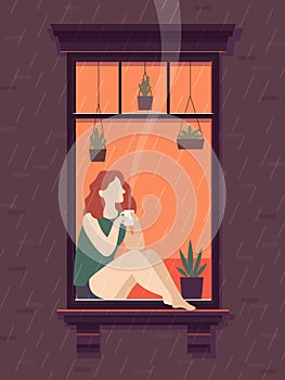 Girl at window with coffee. Windows person enjoy drinking coffee tea cup lonely time, cartoon vector illustration photo