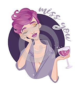 Girl with wine thinking about love
