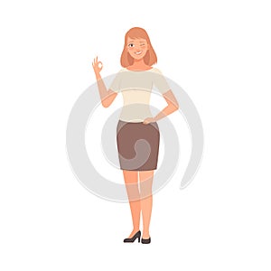 Girl winks and shows OK hand sign vector illustration