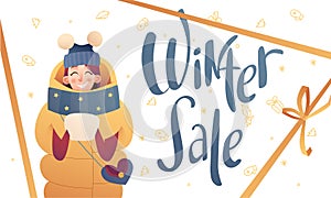 Girl in winter clothes in cartoon style with banner about the sale. Beautiful vector flat design set template. Christmas flyer