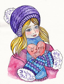 Girl in winter clothes with a heart