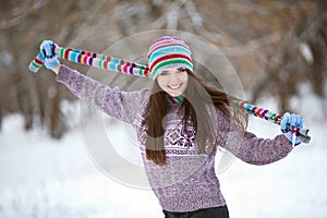 Girl in winter forest fun