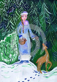 The girl in the winter forest. Illustration of S. Marshak`s tale  `Twelve Months.` Children`s drawing