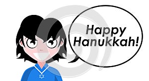 Girl wishing Happy Hanukkah, Jewish religious holiday, English, isolated.