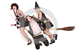 Girl witch on broom and helpless man.