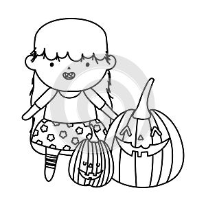 Girl witch costume and pumpkins trick or treat happy halloweenline design