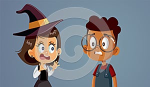 Girl in Witch Halloween Costume Scaring her Friend Vector Cartoon