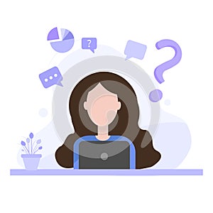 A girl, woman or business lady works at a computer, studies, looks for ideas