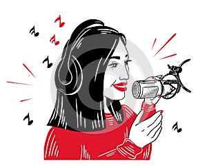 Girl woman character youtuber podcast with mic and headphone logo