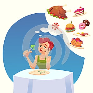 Girl woman on a diet. Tasty desires for food. Vector Colorful cartoon illustration.