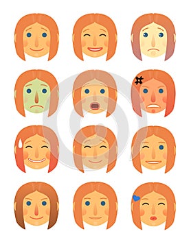 Girl or woman different face emotions collection cartoon flat - Emoji emoticon icon illustration set. Face on a white
