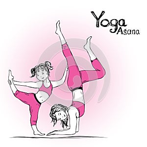 Girl and woman doing yoga poses, vector illustration