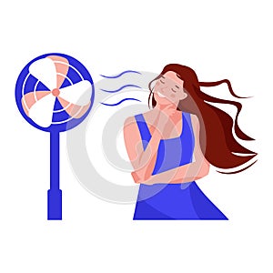 A girl or woman in front of an electric fan on hot summer days. Air conditioning  refreshing and refrigeration concept. Vector