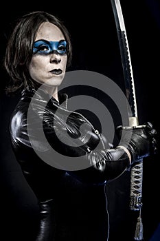 Girl, Woman with katana sword in latex costume