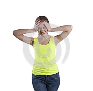 Girl woman laughing with wild hair opened her mouth hand to head emotion white background