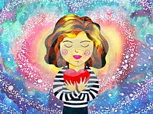 Girl woman love yourself heal red heart spirit mind health spiritual mental energy emotion connect to the universe power abstract
