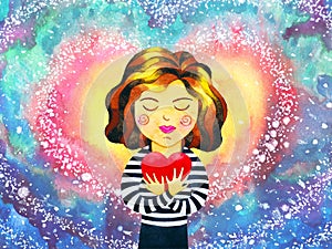 Girl woman love yourself heal red heart spirit mind health spiritual mental energy emotion connect to the universe power abstract