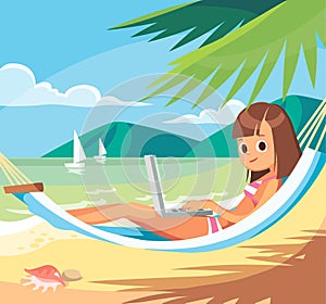 Girl woman male freelancer working telecommuting, telework teleworking from beach