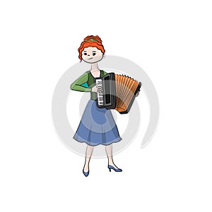 Girl woman plays the accordion. Vector color