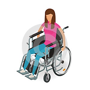 Girl, woman sitting in wheelchair. Invalid, disabled, cripple icon or symbol.
