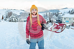 Girl or woman snowboarder in ski equipment outdoor, winter season sport and lifestyle activity