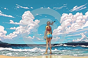 girl or woman in swimsuit standing on beach looking out at ocean and huge bright blue sky filled with puffy white cumulous clouds