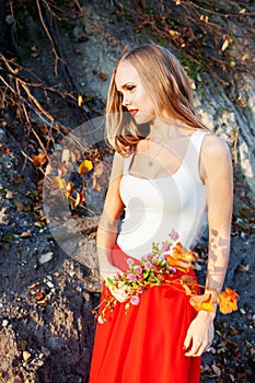 Girl woman watermelon village, rustic, rural, flowers, clover