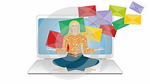 Girl, woman in yoga position in front of a laptop with envelops flying. Isolated. Vector illustration.