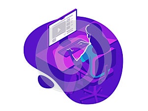 A girl working on the computer in the evening on the dark background. Isometric 3d vector illustration.