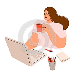 Girl working on a laptop and drinks coffee. Online education, freelance and work from home, vector icon in flat style