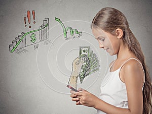 Girl working online on smart phone making earning money