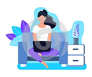 Girl is working remote on laptop in sofa. Freelancer job illustration. Home business concept vector on floral background