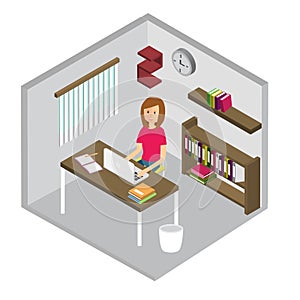 Girl in working room Isometric 3D