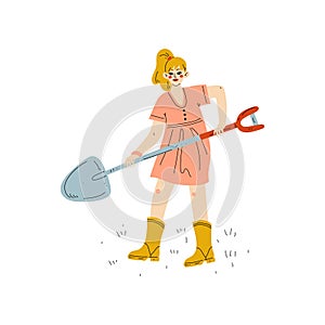 Girl Working with Shovel in Garden or Farm Vector Illustration