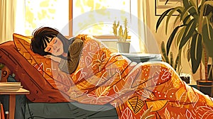 A girl wrapped in a warm orange blanket in a cold room in winter. warmth and coziness