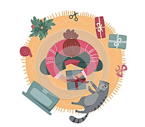 Girl wraps Christmas presents. Top view of a girl and cat wrapping xmas gifts on white background. Flat vector