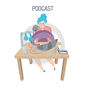 Girl write podcast. Woman recording a podcast.