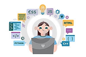 Girl writes code on laptop, programming education for children, cartoon style. Programmer coding and developing software