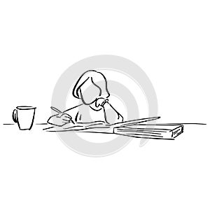 girl writing on big notebook with a cup of tea vector illustration sketch doodle hand drawn with black lines isolated on white ba