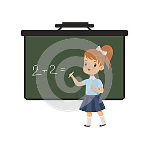 Girl writing english letters on blackboard, elementary school student in uniform vector Illustration on a white